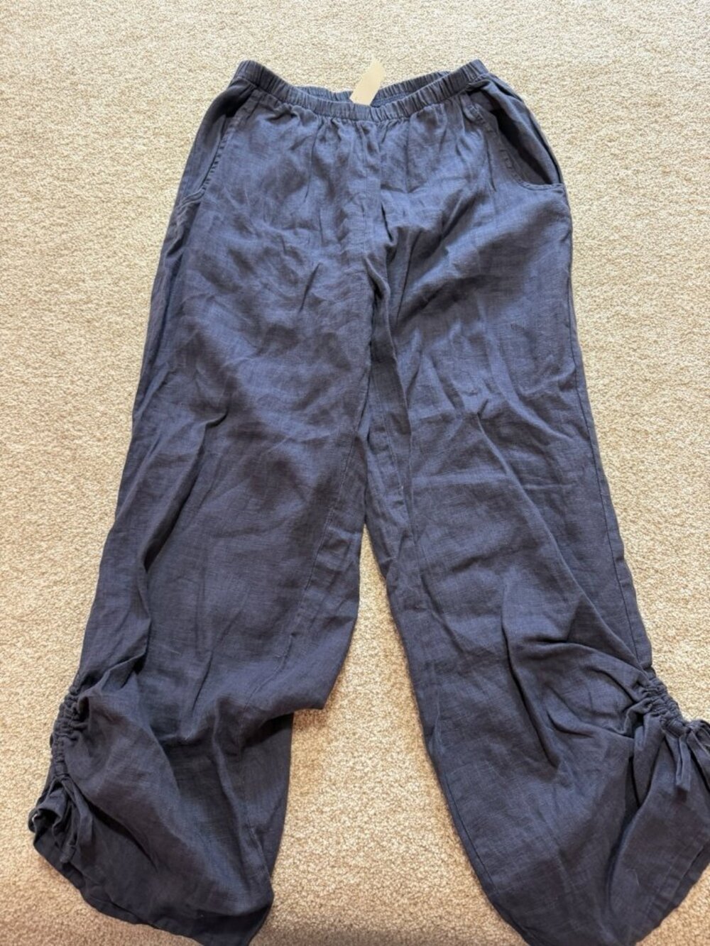 FLAX Women’s 100% Linen Blue Pull On Scrunch Ankle Pants Size Small